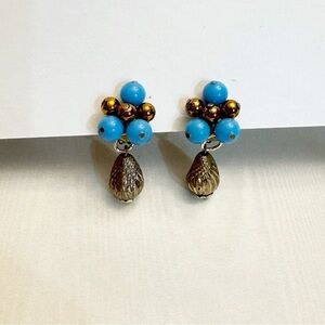 Vintage West Germany Clip On Earrings Sky Blue Beads Gold Tone
